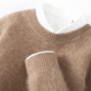 秋冬拉绒100%羊毛衫男士半高领套头毛衣宽松休闲加厚针织打底衫