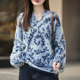 复古洋气慵懒纯羊毛拉绒毛衣女V领拉毛针织打底衫宽松大码显瘦