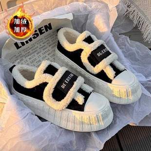 2025秋冬季新款加绒女鞋小白鞋女厚底帆布鞋棉鞋百搭鞋子休闲板鞋