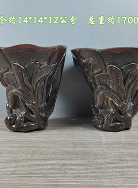 古玩杂项古董老货纯手工雕刻人物图老牛角杯明清旧物件收藏一对