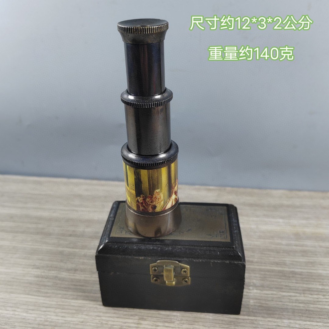 欧洲回流古董木盒望远镜道具摆件复古黄铜伸缩望眼镜古玩仿古物件