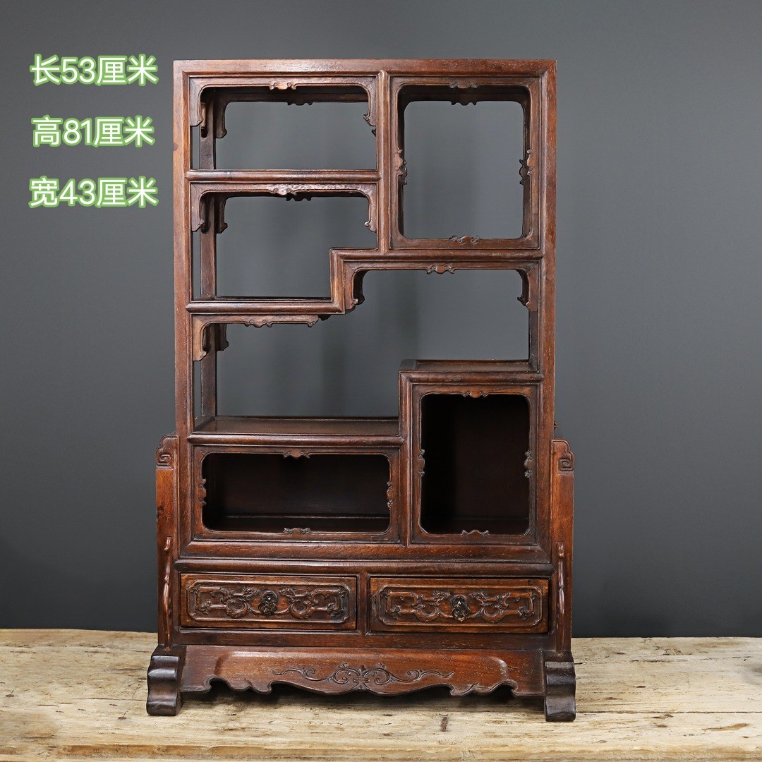古玩旧藏黄花梨博古架包浆老厚雕工精湛明清古典家具装饰摆件