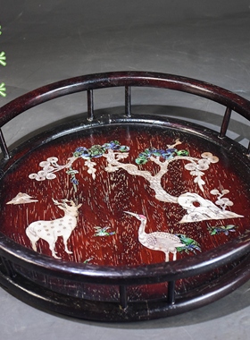 古玩杂项收藏仿古木雕花梨木镶贝壳圆形茶盘托盘收纳盘实木干果盘