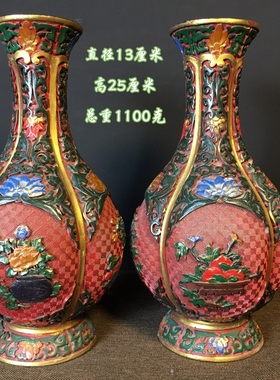 旧藏清代剔红漆器瓶一对 纯手工漆器彩绘富贵花花瓶摆件一对