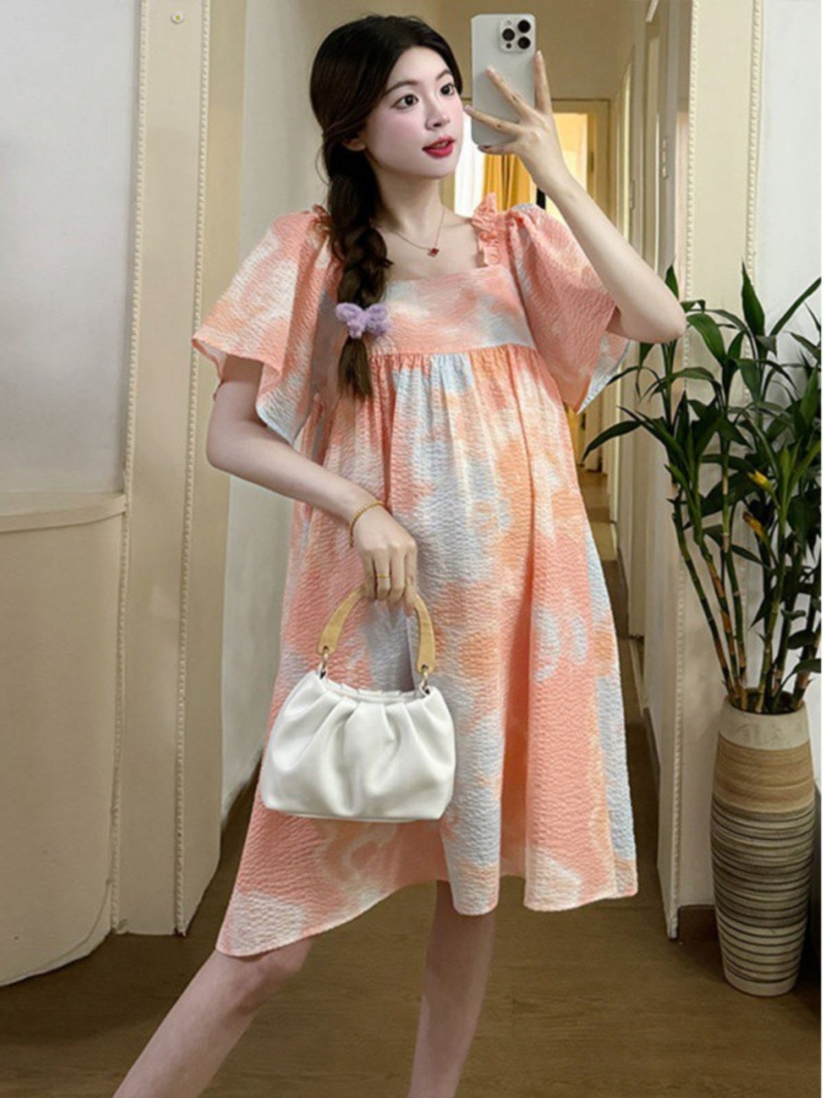 PREGNANT WOMAN FASHION LOOSE 2024 NEW SUMMER ORANGE SQUARE NECK BUBBLE SHORT SLEEVE THIN MIDI DRESS WOMEN