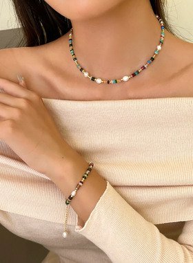 复古小众撞色天然石串珠手项链