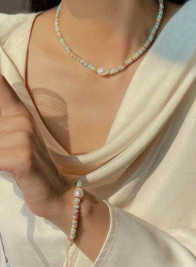 天然石彩色串珠手项链轻奢小众