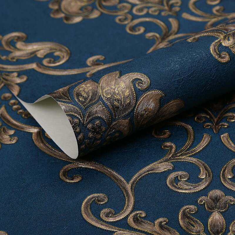 深蓝色3d欧式大花墙纸奢华高档 餐厅酒店美容院 大气背景墙壁纸