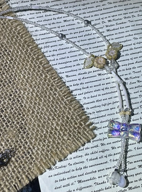 初雪般闪耀  炫彩白蝴蝶结毛衣链 捷克琉璃项链  小众手作