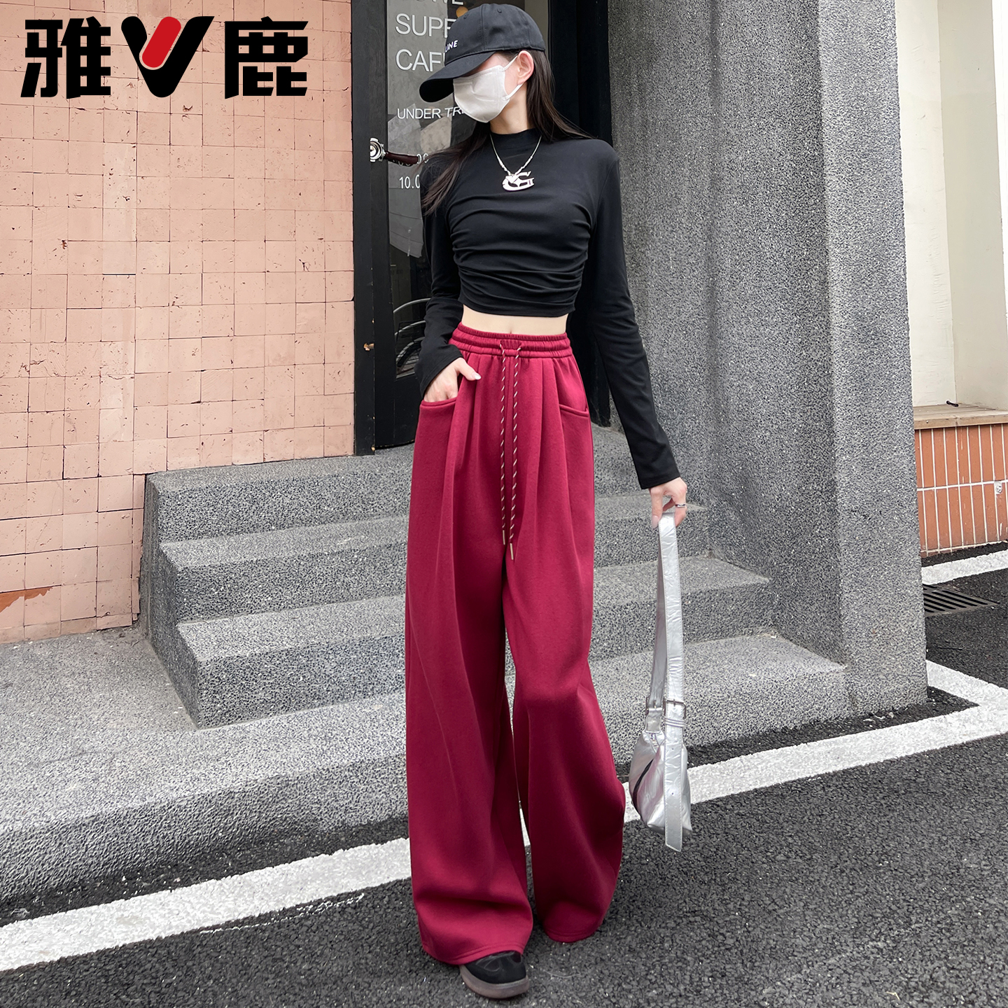 运动裤女款2025新款红色直筒阔腿裤休闲宽松慵懒松弛感卫裤子