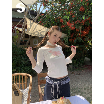 花朵印花复古甜辣少女T恤上衣