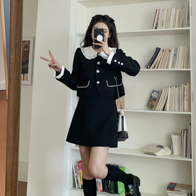 两件套气质名媛小香风外套女2024秋日系学院风高腰半身裙6631