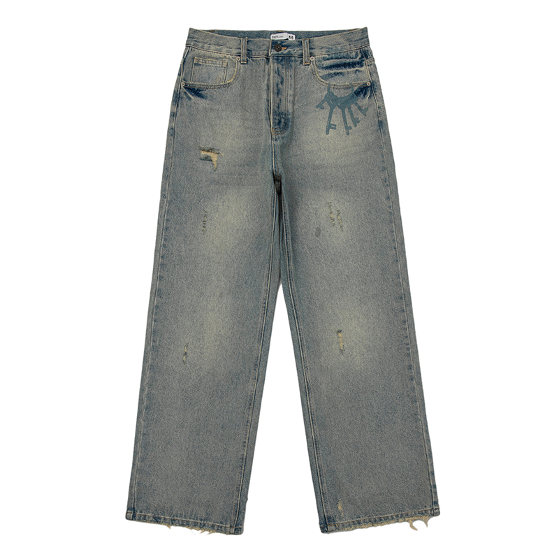 RETROMIND 24A/W 日系复古纽扣门禁直筒刮烂印花牛仔裤男士长裤潮