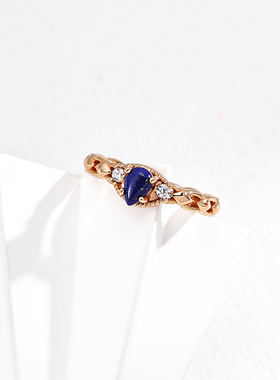 S925银镀18K金天然青金石戒指小众轻奢精品可调节戒圈指环礼物