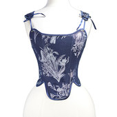 兰花印花牛仔胸衣 上衣收腰 复古vintage束腰鱼骨吊带女宫廷风修身