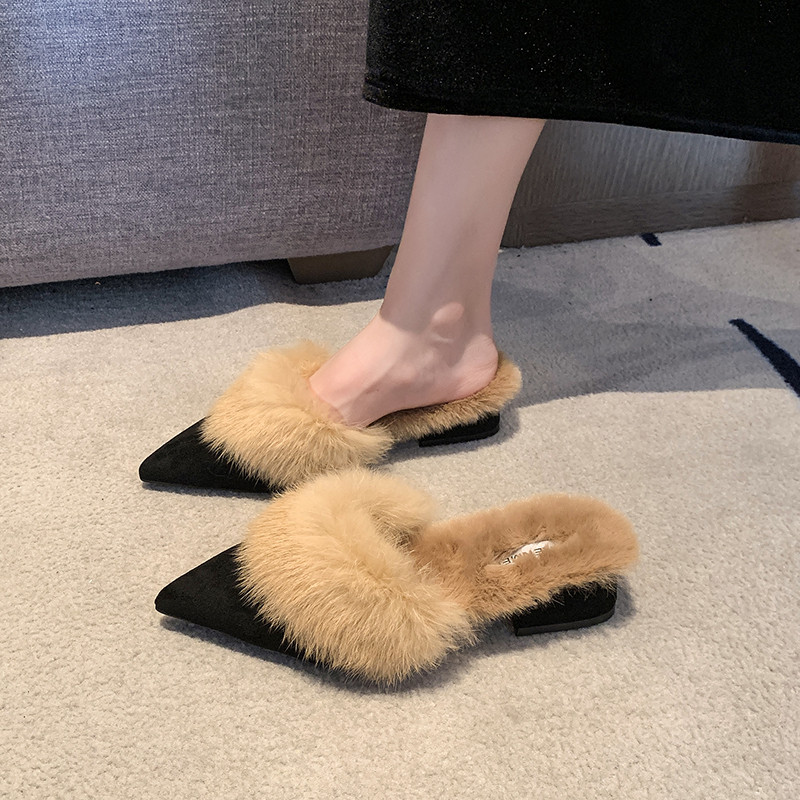 百搭真兔毛毛拖鞋女粗跟中跟秋冬季新款外穿法式加绒尖头半拖棉拖