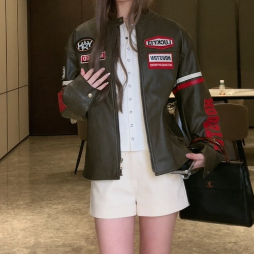 樊樊早安「Houston Jacket」时髦撞色贴标皮衣宽松休闲夹克短外套