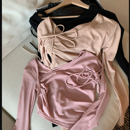 斜领不规则系带长袖显瘦T