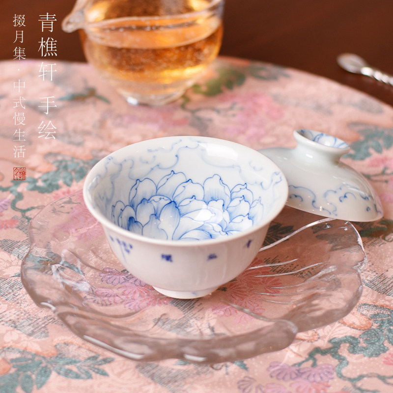 花开灿烂盖碗主泡器青花瓷景德镇纯手工小清新古风女士茶具