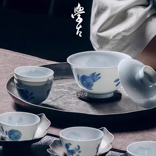 学古青花三多套组景德镇手绘陶瓷功夫茶具茶杯一盖碗配六杯礼盒装