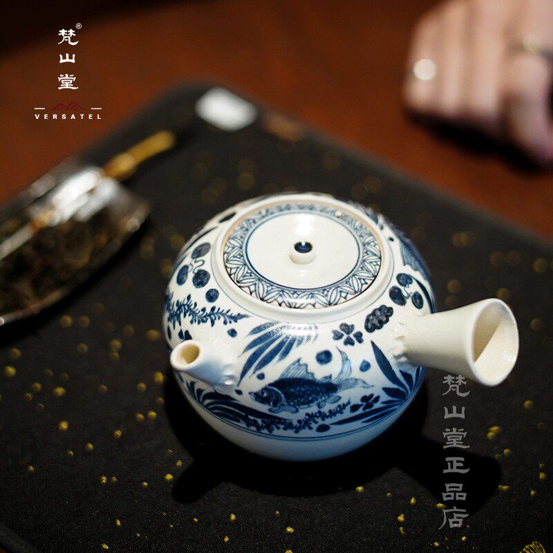 梵山堂苏打釉青花鱼藻纹侧把壶陶壶泡茶家用茶壶煮茶器酒精炉套装
