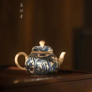 霖松堂草木灰青花手绘鱼藻小品壶景德镇陶瓷茶具茶杯泡茶壶160ml