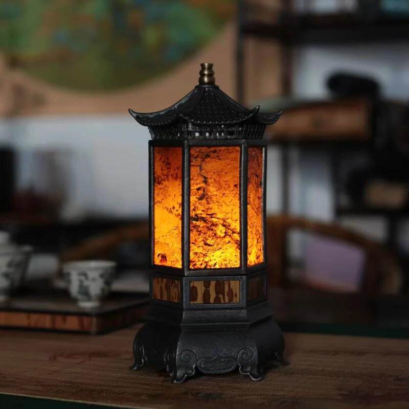 古篱湘妃竹石头六方灯茶室烛台氛围灯高级感茶桌布置灯复古中古风