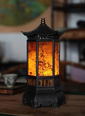 古篱湘妃竹石头六方灯茶室烛台氛围灯高级感茶桌布置灯复古中古风