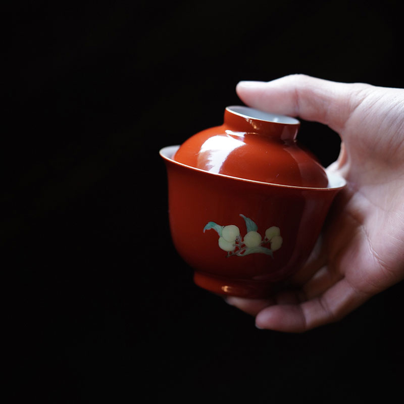 绛红古彩三多盖碗景德镇手绘陶瓷茶具茶杯单个泡茶碗110ml