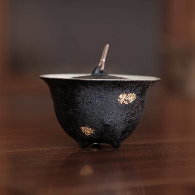 半斋大漆金箔漆饰点金乳足盖碗景德镇纯手工陶瓷茶具单个泡茶碗