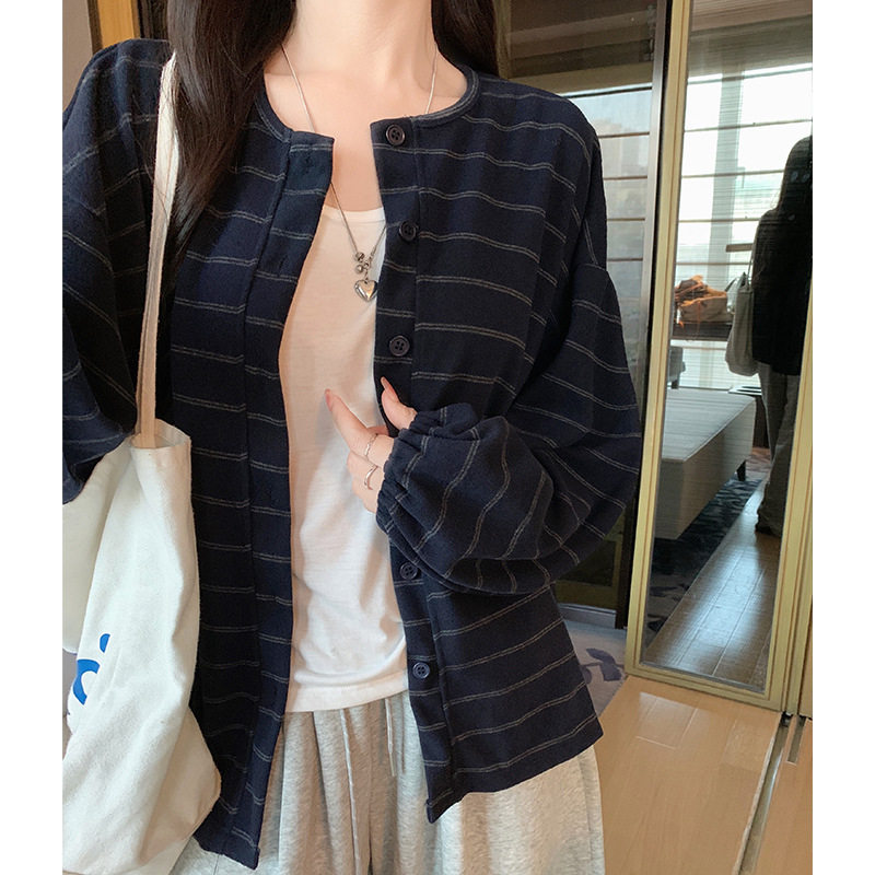 K2719复古慵懒风条纹撞色灯笼袖开衫外套女秋冬休闲宽松长袖上衣