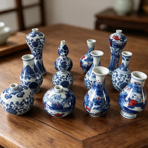 中式陶瓷桌面摆件景德镇手绘花瓶迷你手工插花器小号博古架装饰品