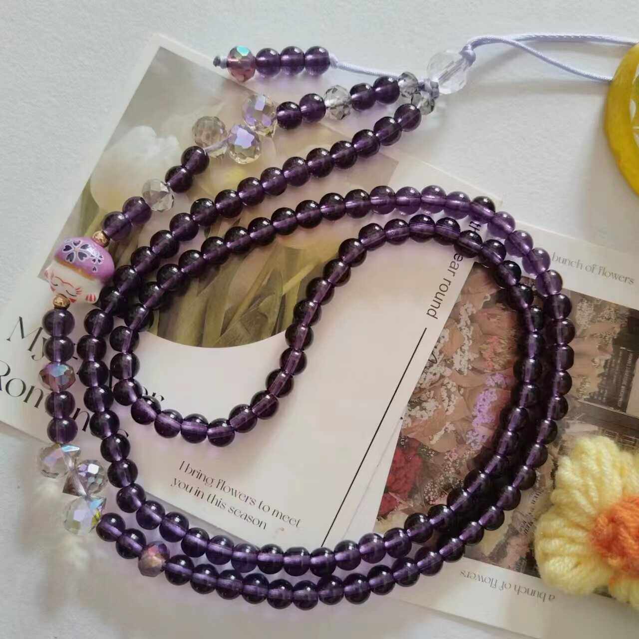 紫色玻璃珠水晶招财猫挂绳挂脖手腕手机链长短款手工编织吊绳