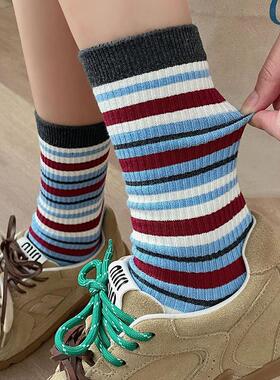 撞色条纹堆堆袜子女灰蓝色中筒袜ins潮春秋日系运动复古韩版长袜