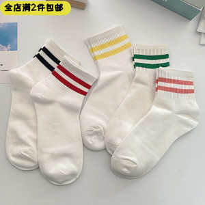 日系短筒春夏薄款二杠短袜男女白色中筒棉袜学院风运动条纹篮球袜
