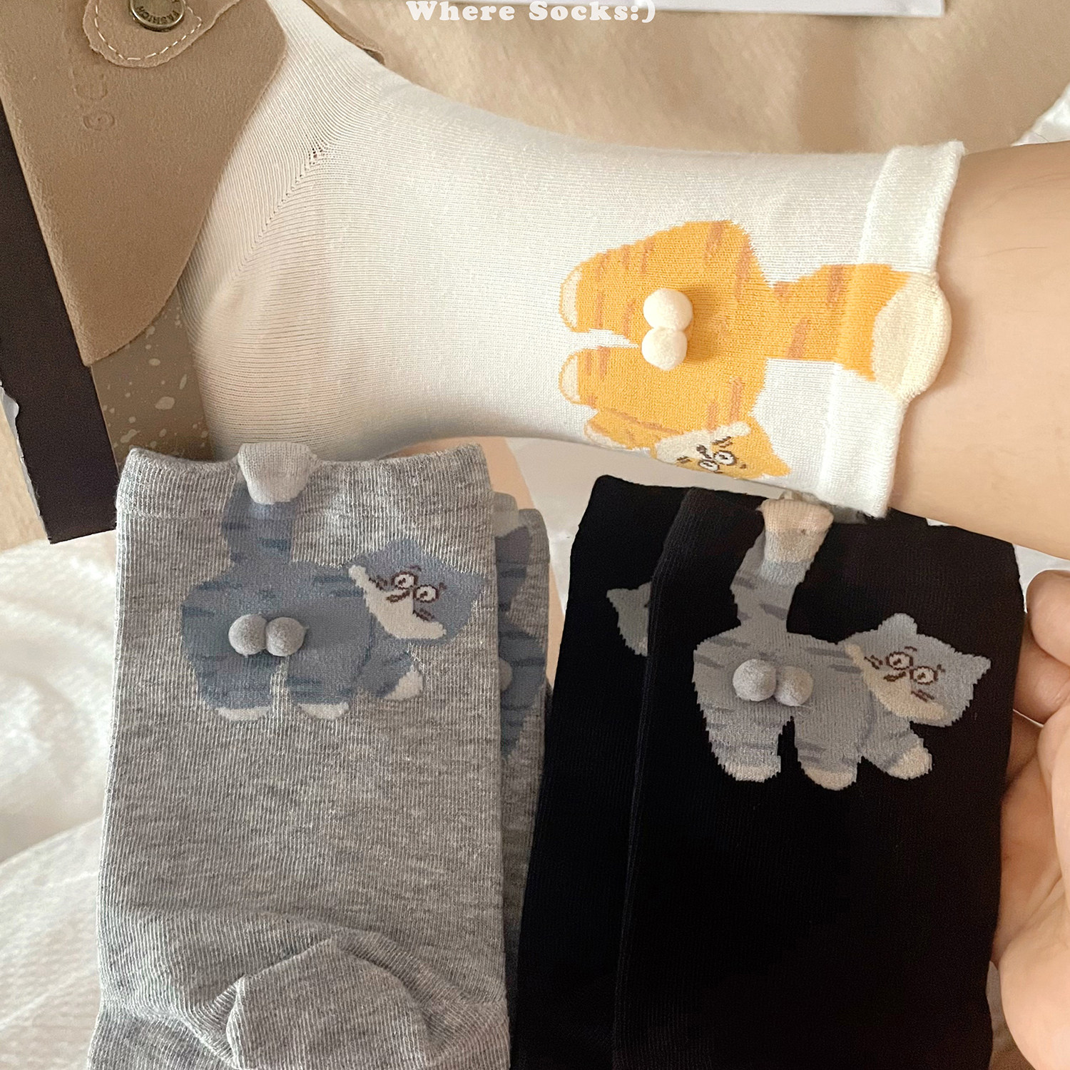 萌宠白色袜子女中筒袜春秋棉搞怪卡通灰色长袜可爱猫咪蛋蛋袜夏潮