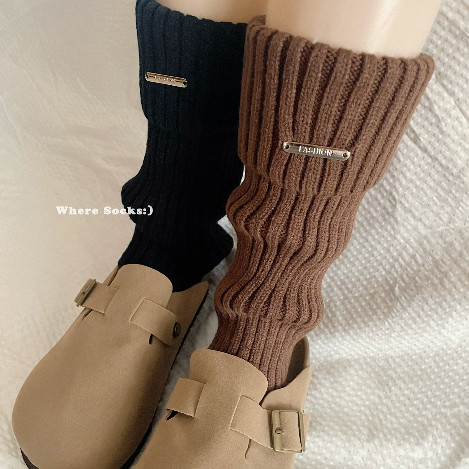 金属标美式复古咖啡棕色套女秋冬季时髦百搭针织堆堆袜显瘦小腿套