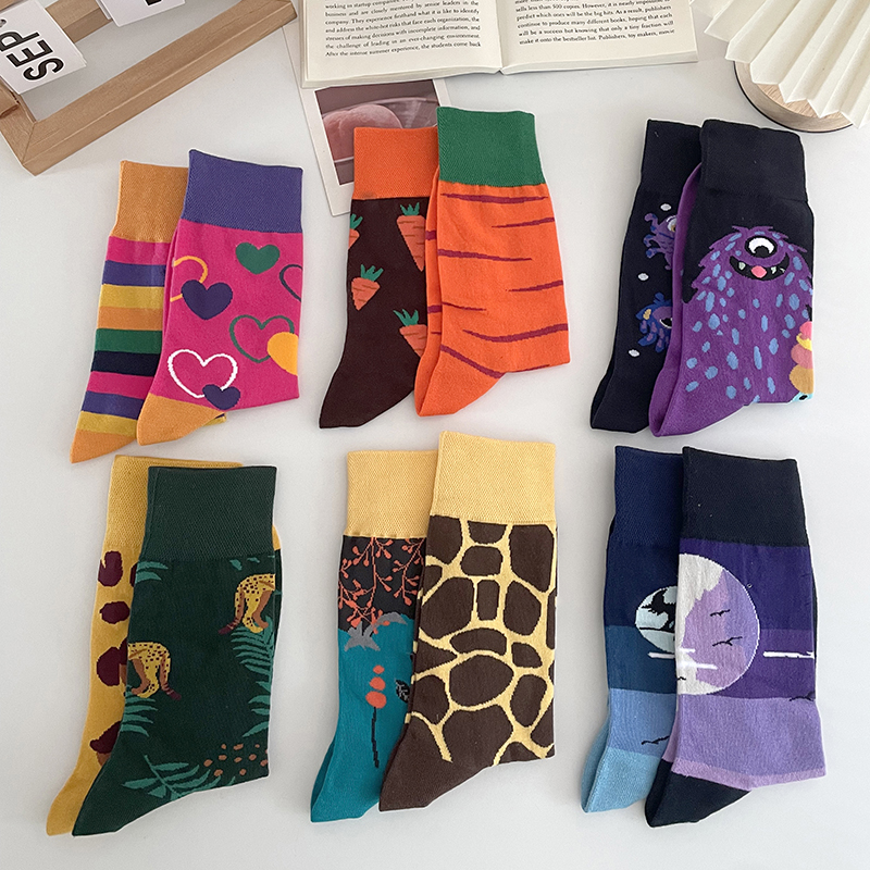 原创AB不对称中筒袜子鸳鸯卡通撞色日系个性外穿百搭男女情侣春秋