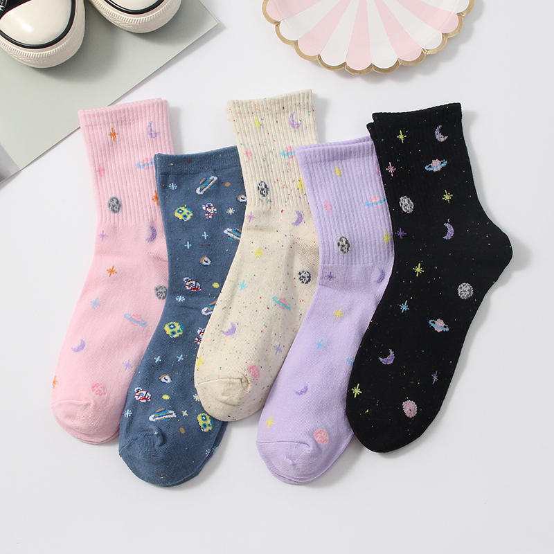 韩国可爱月亮星球袜子女宇宙星空点纱袜日系百搭软妹ins潮中筒袜