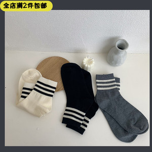 袜子女中筒袜韩版学院风短袜春夏三杠韩国条纹简约百搭运动棉袜男