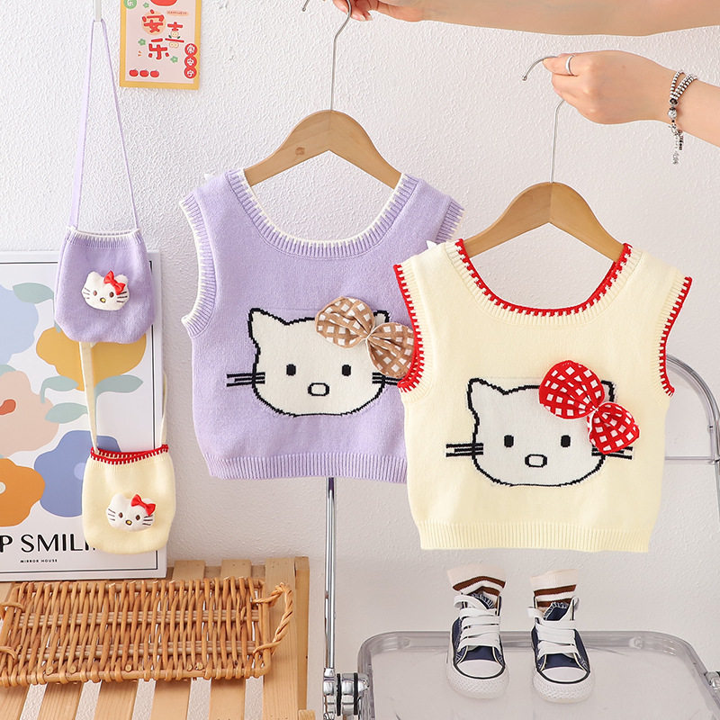hellokitty针织背心女童甜美外穿马甲2025卡通坎肩宝宝针织衫送包