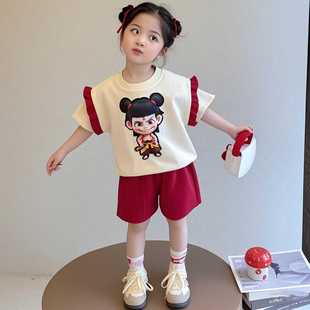 Nezha哪吒短袖运动套装红白色女童2025夏季新款印花T恤短裤两件套