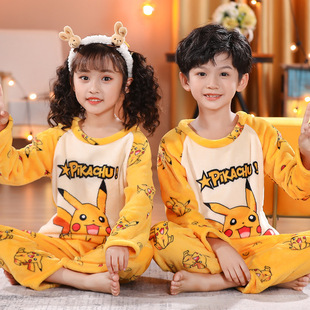 POKEMON皮卡丘儿童睡衣法兰绒家居套装圆领秋冬加厚保暖男女 2023
