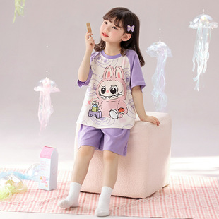 labubu睡衣纯棉女童短袖短裤2025夏季家居服拉布布套装大童亲子款