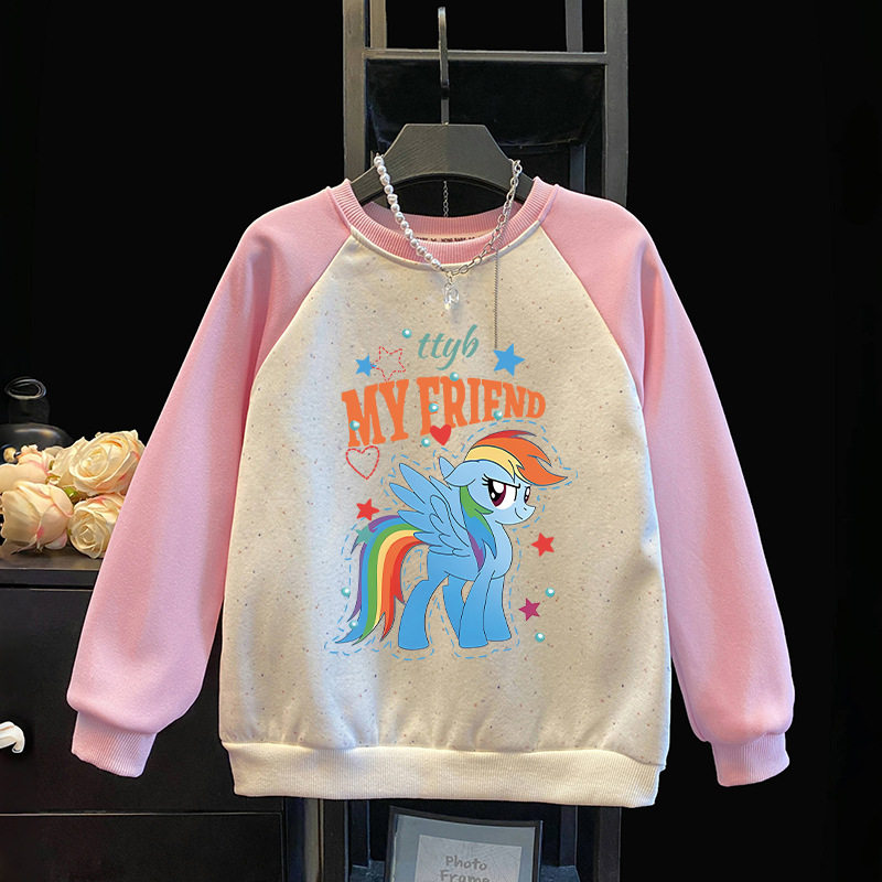 小马宝莉图案彩点加绒卫衣圆领套头上衣2024秋冬加厚外套外穿女童