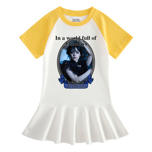 Wednesday Addams星期三女童短袖连衣裙宝宝百褶裙2023夏季纯棉薄