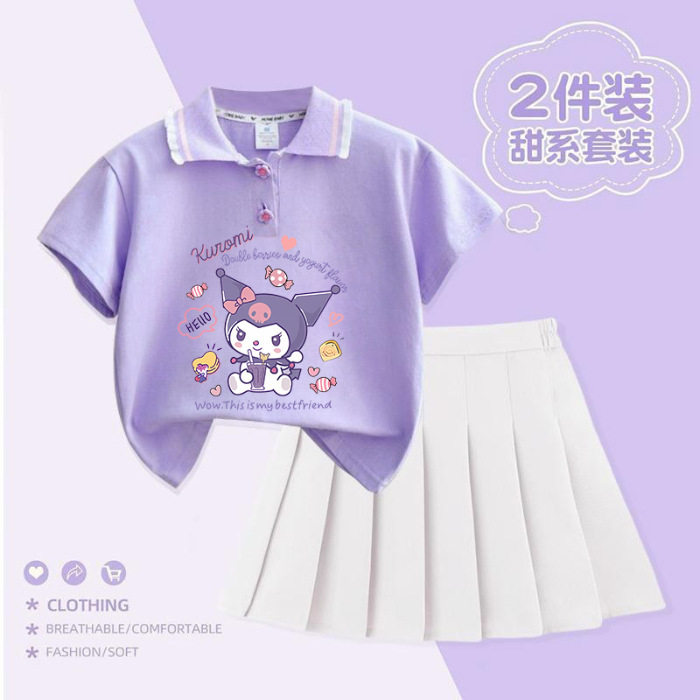 kuromi库洛米polo衫短袖百褶裙女童2025夏季学院风体恤运动两件套