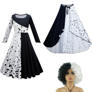 儿童101忠狗黑白魔女库伊拉cosplay万圣节Cruella 连衣裙假发披风