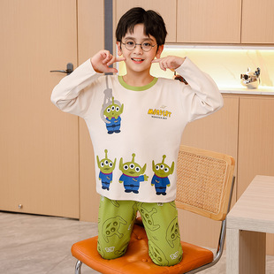 三眼仔男童精梳棉长袖长裤秋季睡衣套装大童卡通宝宝家居服薄2023