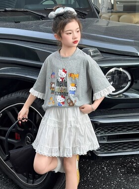 hellokitty灰色短袖T恤 2025夏季大童蕾丝拼接洋气印花上衣凯蒂猫